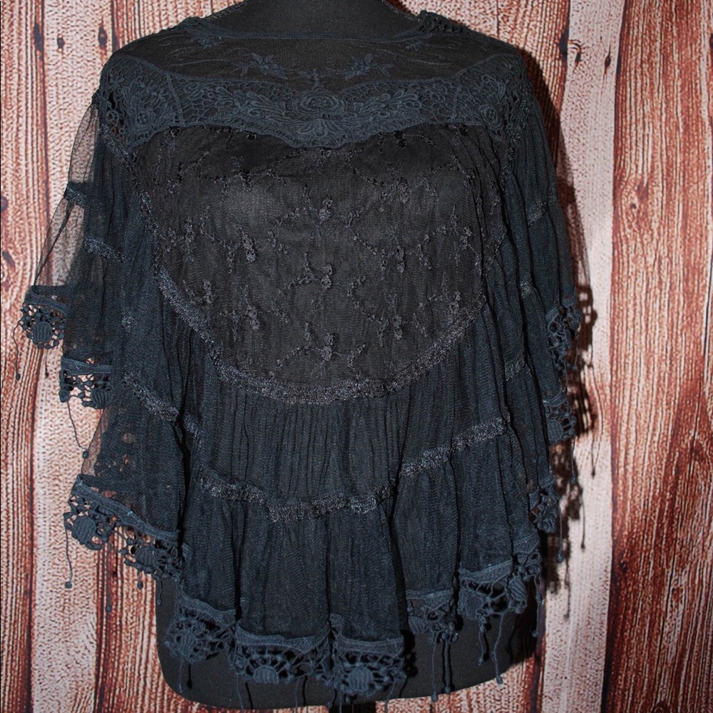 Mimi Boho Black Lace and Fringe Poncho Top
